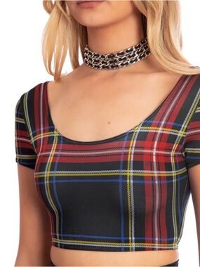 Black Milk Clothing navy tartan crop top
